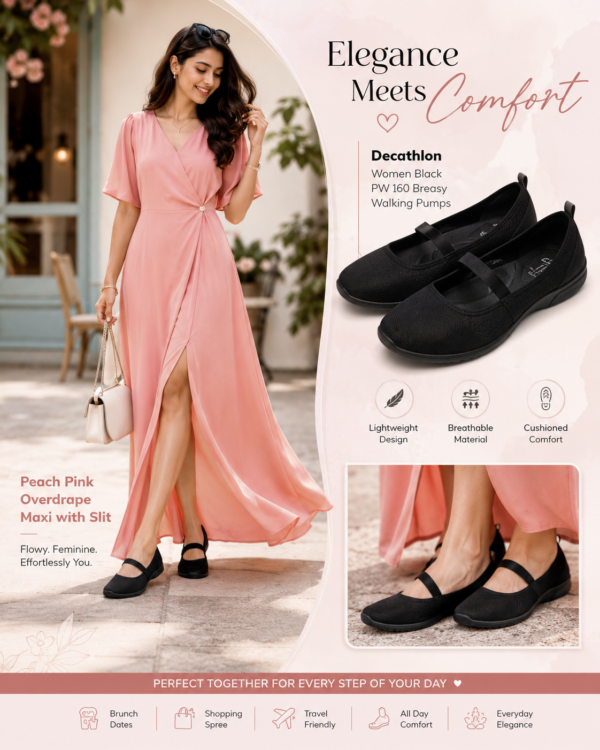 The peach pink overdrape maxi with slit paired with the Decathlon walking